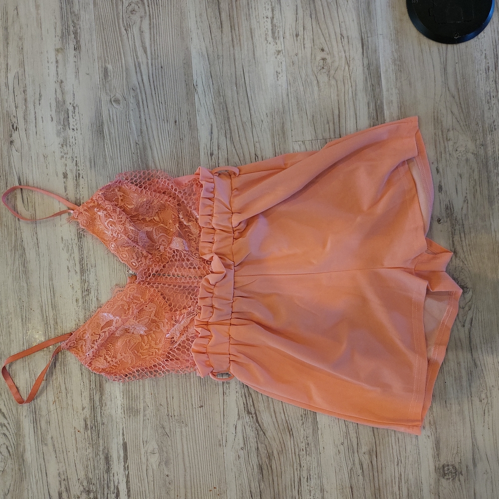 Coral Sheer Fishnet Romper NWOT